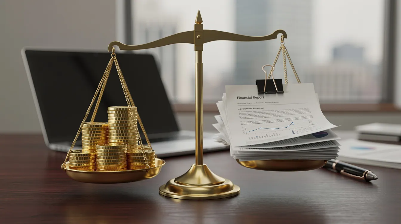 The image depicts a balance scale with a pile of coins on one side and a stack of documents on the other, symbolizing the financial decision-making process. This visual representation highlights the importance of evaluating financial options, such as 二線 財務 公司 and 貸款 申請, in managing one's financial状況.