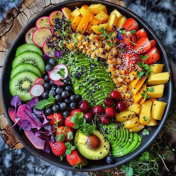 Close-up of a beautifully arranged bowl of fresh fruits and vegetables, highlighting the natural sources of nutrients found in a diet rich in Vitamin B Complex Supplements.