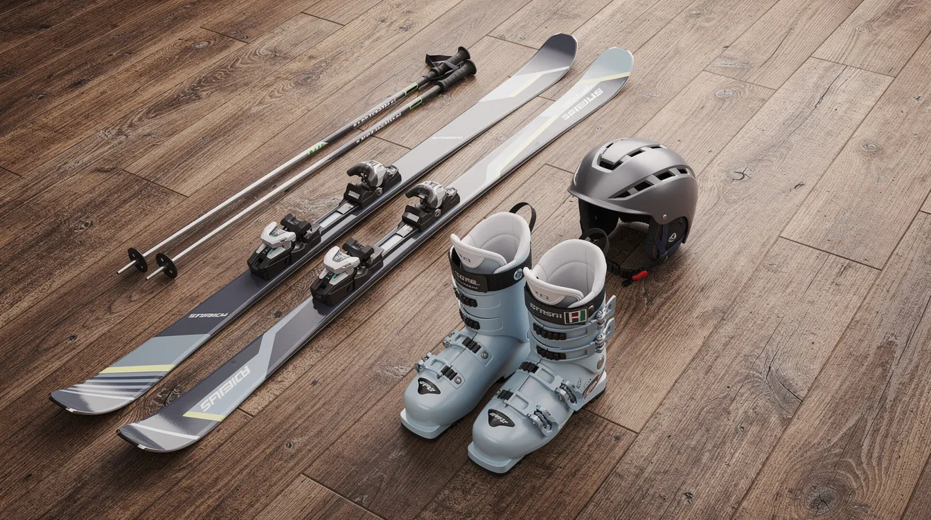 Die Skiausrüstung, bestehend aus Ski, Skischuhen, Stöcken und einem Helm, liegt auf einem Holzboden und ist bereit für den nächsten Skitag. Diese Ausrüstung ist ideal für Anfänger, die das Skifahren lernen und ihre Technik auf der Piste verbessern möchten.