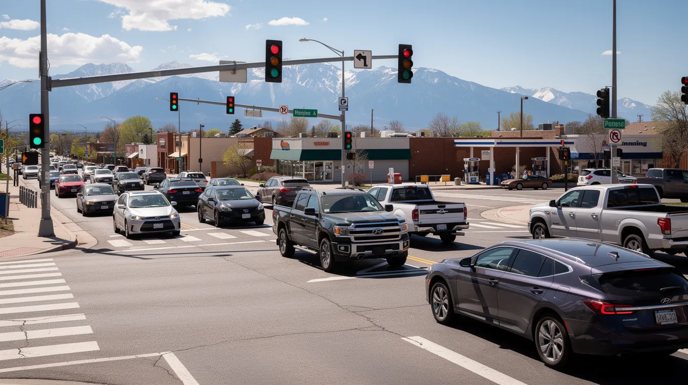 The image depicts a bustling intersection in Colorado filled with various cars and traffic signals, highlighting the busy urban environment typical of rideshare services like Uber and Lyft. This scene captures the potential for rideshare accidents, emphasizing the importance of understanding liability and insurance coverage in such busy areas.