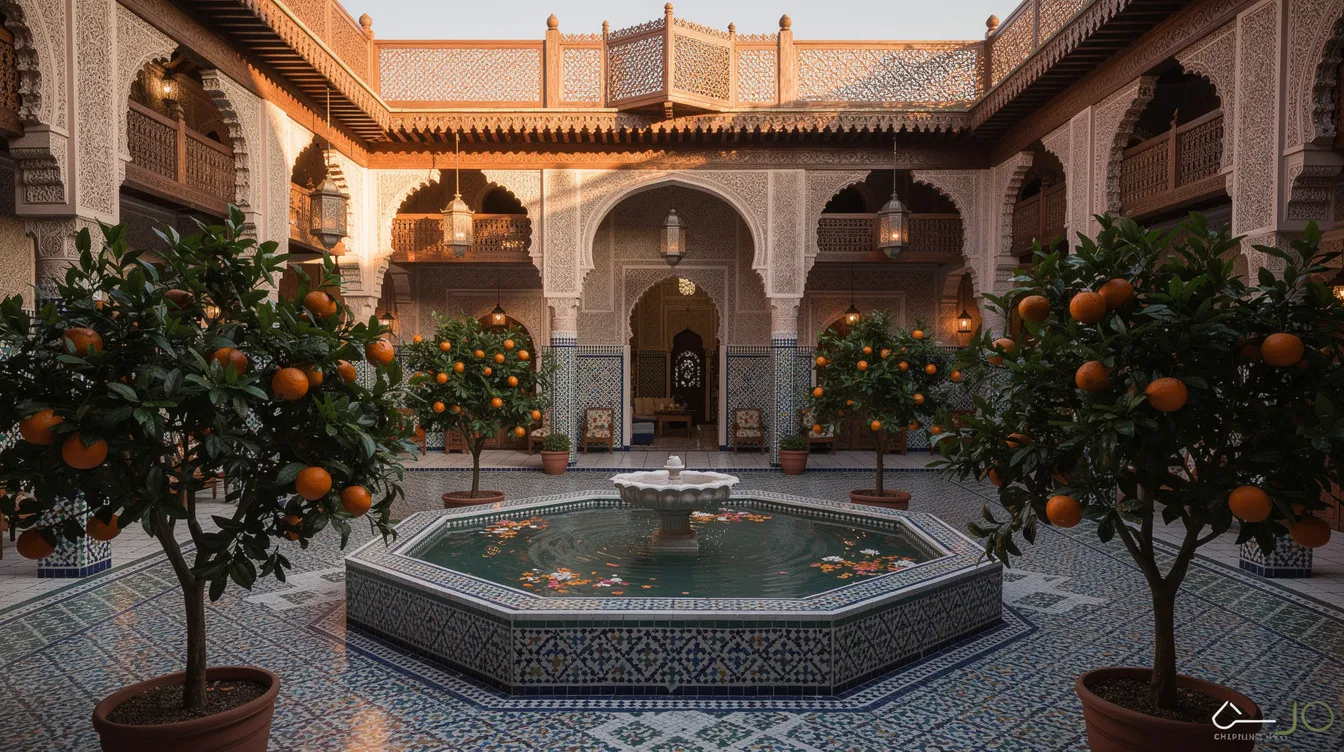 The image depicts a traditional riad courtyard in Morocco, featuring a beautifully tiled fountain surrounded by lush orange trees. This serene space invites visitors to relax and enjoy the rich culture and history of Morocco, making it an essential part of any trip to this fascinating North African destination.