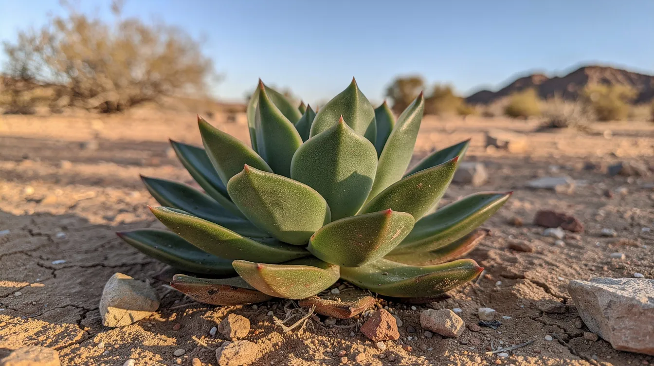 The picture shows a succulent plant with fleshy, green leaves growing in a dry desert landscape. This plant, possibly a species of Sceletium tortuosum, is known for its beneficial properties and is often used in dietary supplements such as Kanna to promote well-being.