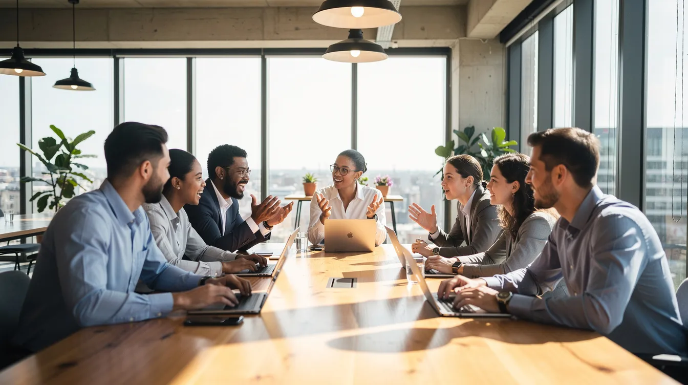 A diverse group of professionals is engaged in an animated discussion around a table in a modern co-working space, sharing ideas about starting a business in Ireland. They appear to be brainstorming elements of a business plan, including market research and funding options, highlighting the collaborative nature of entrepreneurship.