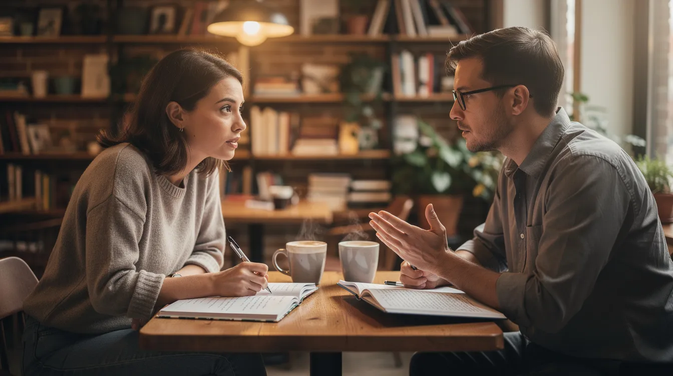 In a cozy coffee shop, two individuals engage in a deep conversation, surrounded by open notebooks that reflect their commitment to spiritual growth and discipleship. Their discussion embodies the essence of following Jesus and making disciples, as they explore the teachings of the Bible and their own relationship with God.