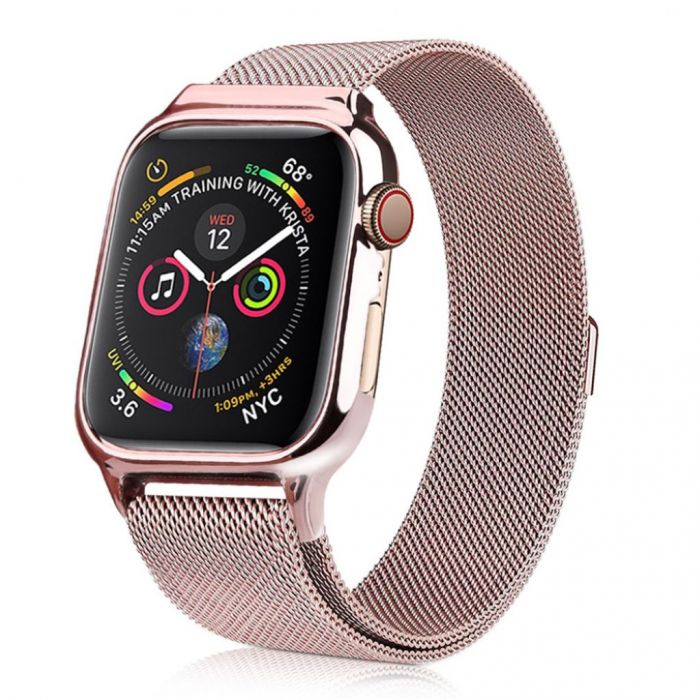 Apple Watch smartklocka med en milanese loop armband i rose guld.