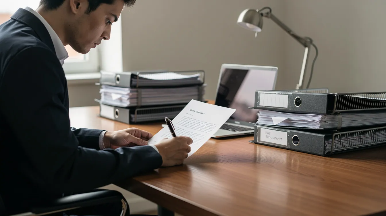 944a6b74 d399 4e70 b25c c4aca09b63e9 A person sits at a desk, focused on writing a formal complaint letter, with organized files and documents related to business loans and financial assistance beside them. The setting suggests a concern for issues like loan approval and eligibility criteria, possibly in the context of the Pradhan Mantri Mudra Yojana for small business owners.