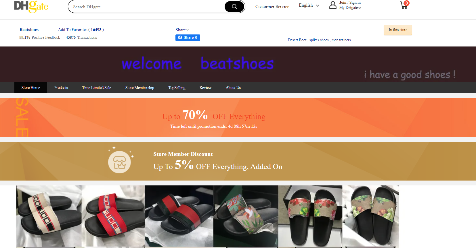 Beat Shoes is a reliable supplier in the shoe category on DHGate, with an above-average rating on dispute rates, 99.1% positive feedback, and over 45,876 transactions. 