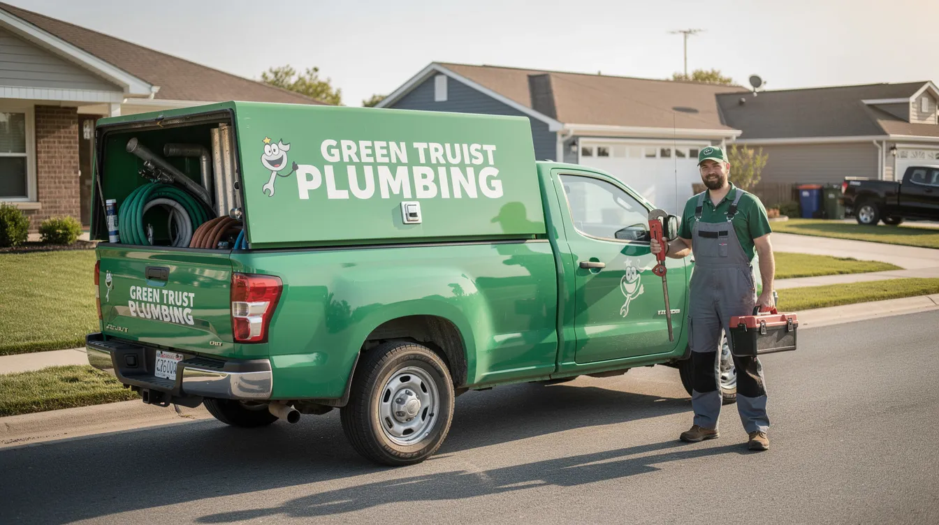 A green truck with plumbing company branding is parked outside a residential home in Bellevue, WA, ready to assist homeowners with their plumbing needs. The vehicle is equipped for services like drain cleaning, water heater repair, and emergency plumbing situations.