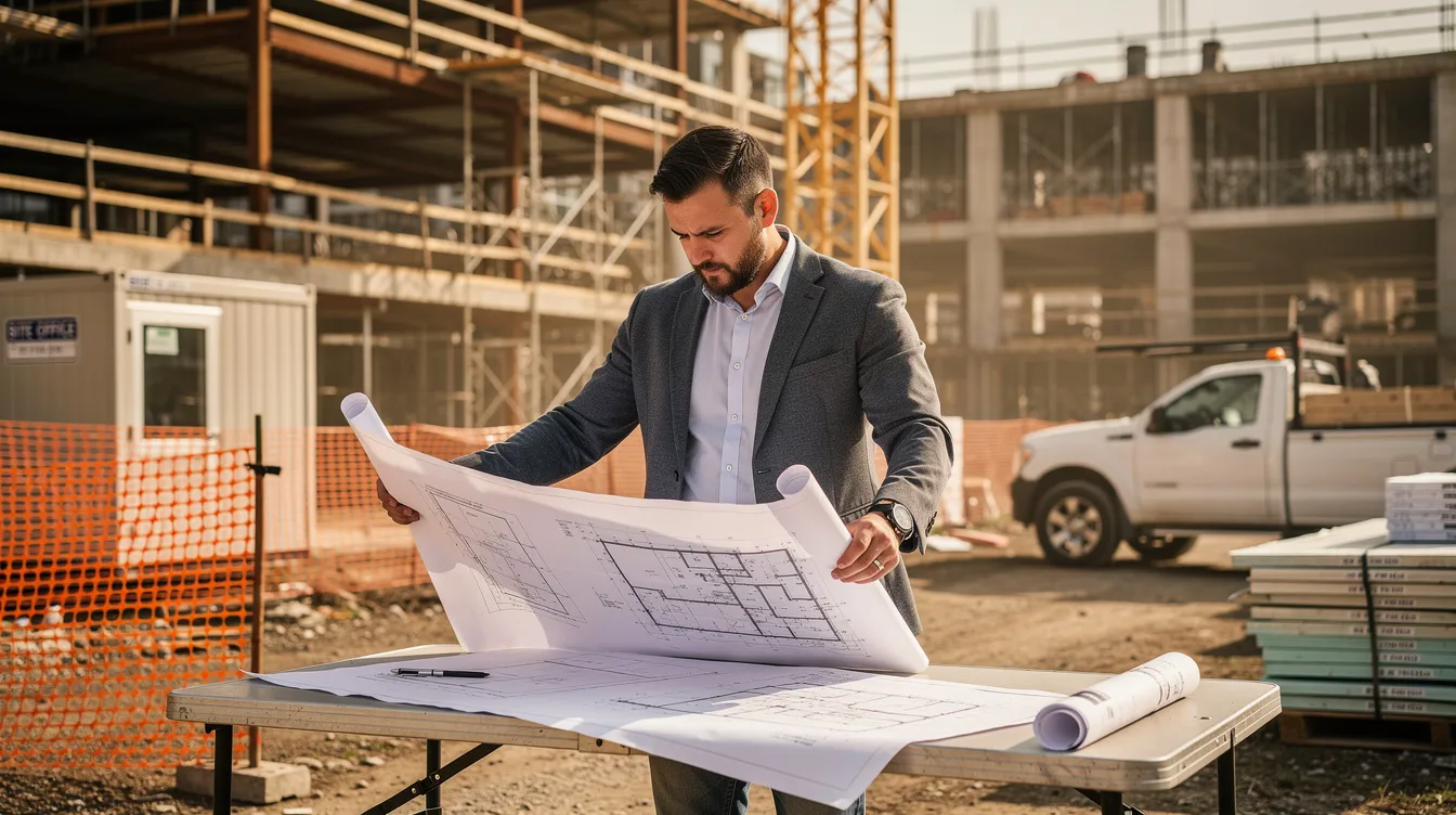 A real estate investor is intently reviewing blueprints and construction plans at a property site, likely considering investment strategies for a new commercial property. This scene highlights the importance of detailed planning in real estate investing, which can involve options such as hard money loans for fast funding and flexible terms.