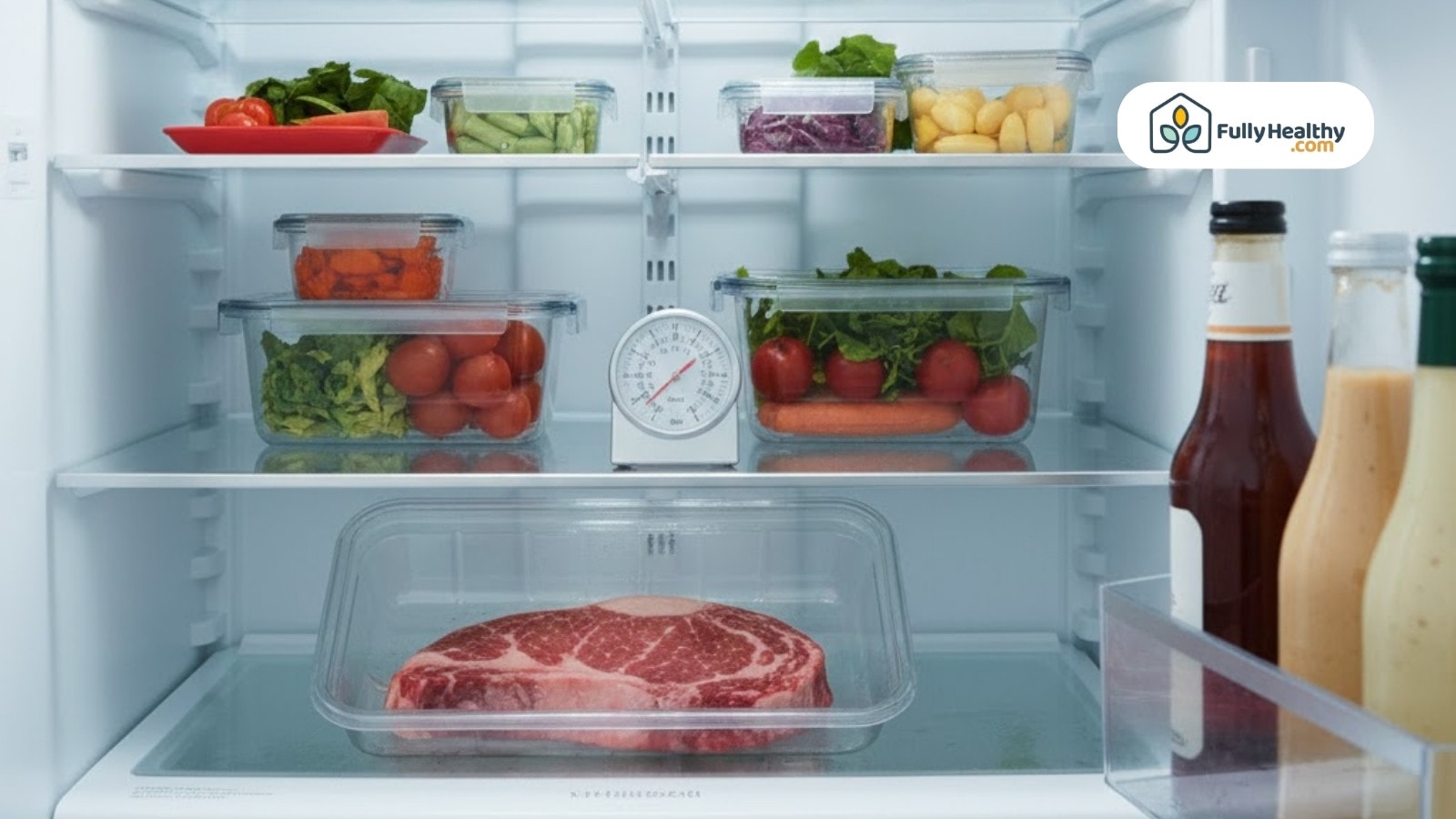 Refrigerator shelves filled with organized fresh produce and raw steak in clear containers
