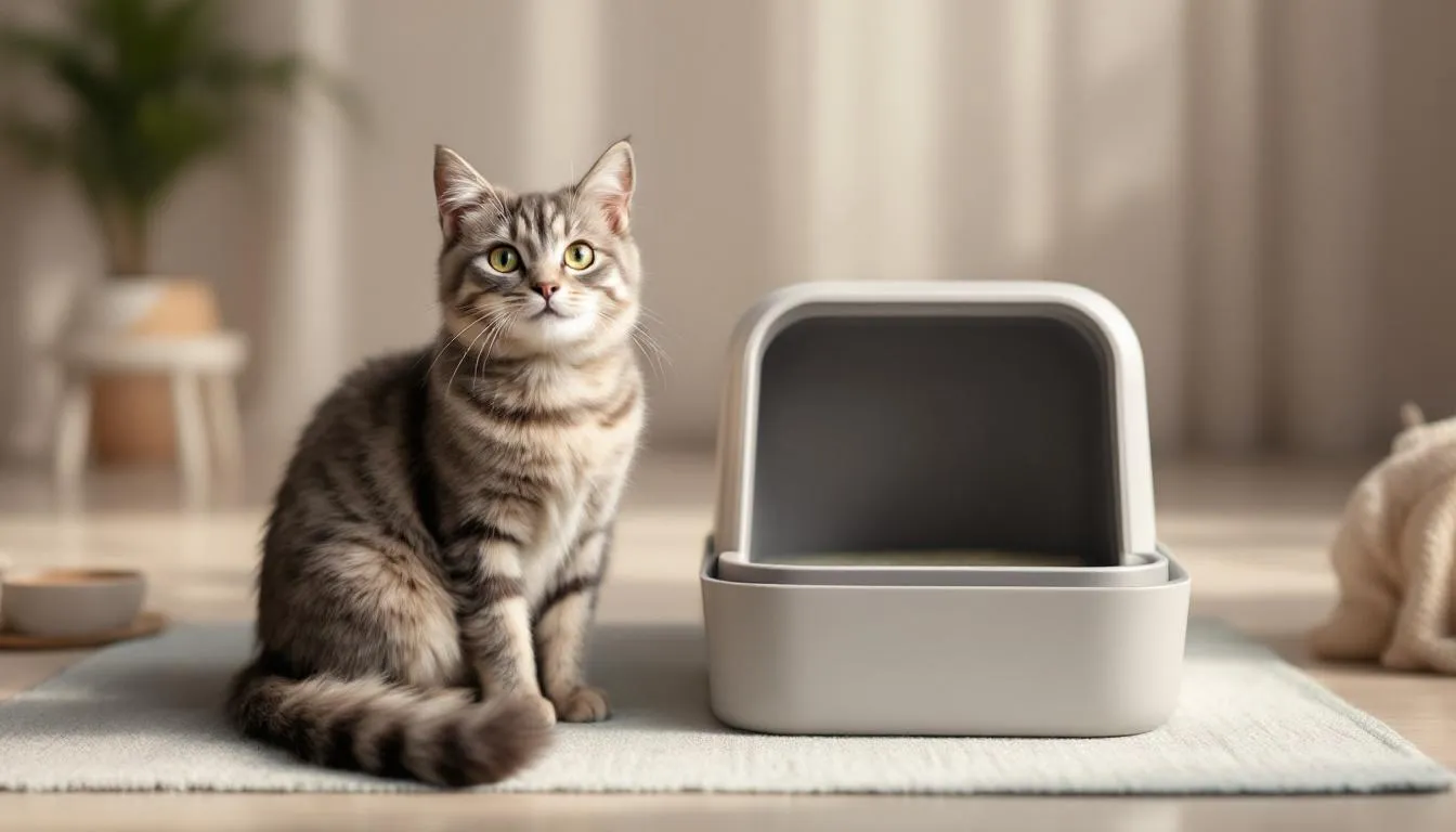 Een blije kat zit naast een schone kattenbak, die net is schoongemaakt met verse vulling, wat bijdraagt aan een hygiënische omgeving voor de kat. De schone kattenbak zorgt ervoor dat de kat zich comfortabel voelt en voorkomt vieze geurtjes.