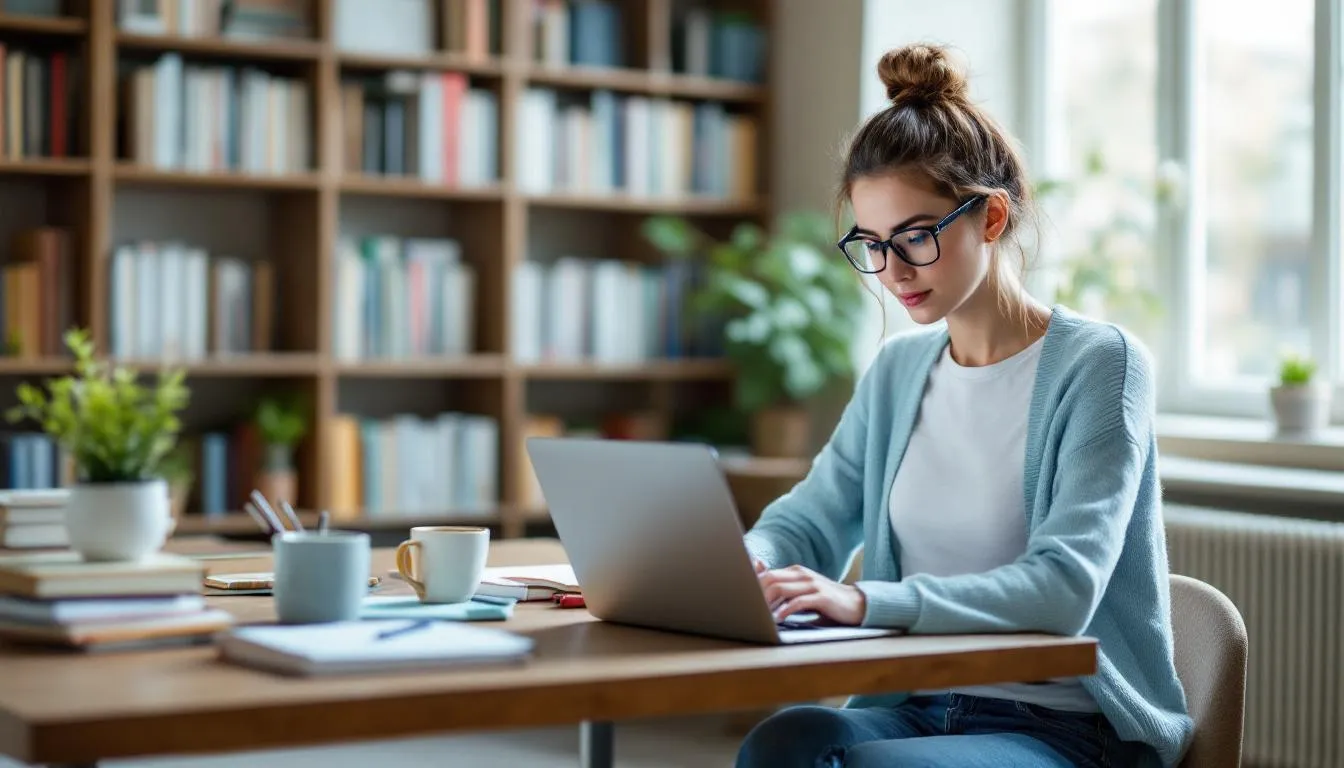 The image depicts a person engaged in research on a computer, surrounded by books and notes related to the publishing industry. They appear focused on understanding the publishing process, possibly looking into literary agents or submission guidelines for their writing journey.