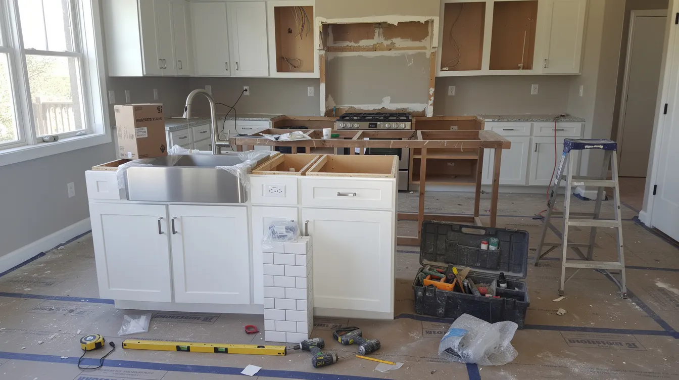 The image depicts a kitchen renovation in progress, featuring various construction materials like wood and tiles, as well as tools such as a hammer and saw scattered around. This scene reflects the importance of home improvements, often funded through options like home equity loans or cash out refinances, allowing homeowners to borrow money against their home's equity for renovations.