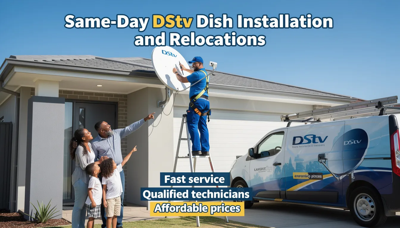 The image depicts a professional DSTV installer performing a same-day DSTV dish installation, showcasing equipment such as a satellite dish and decoder. This service, offered by accredited DSTV installers in Hermanus, ensures optimal reception and addresses any signal problems customers may encounter.