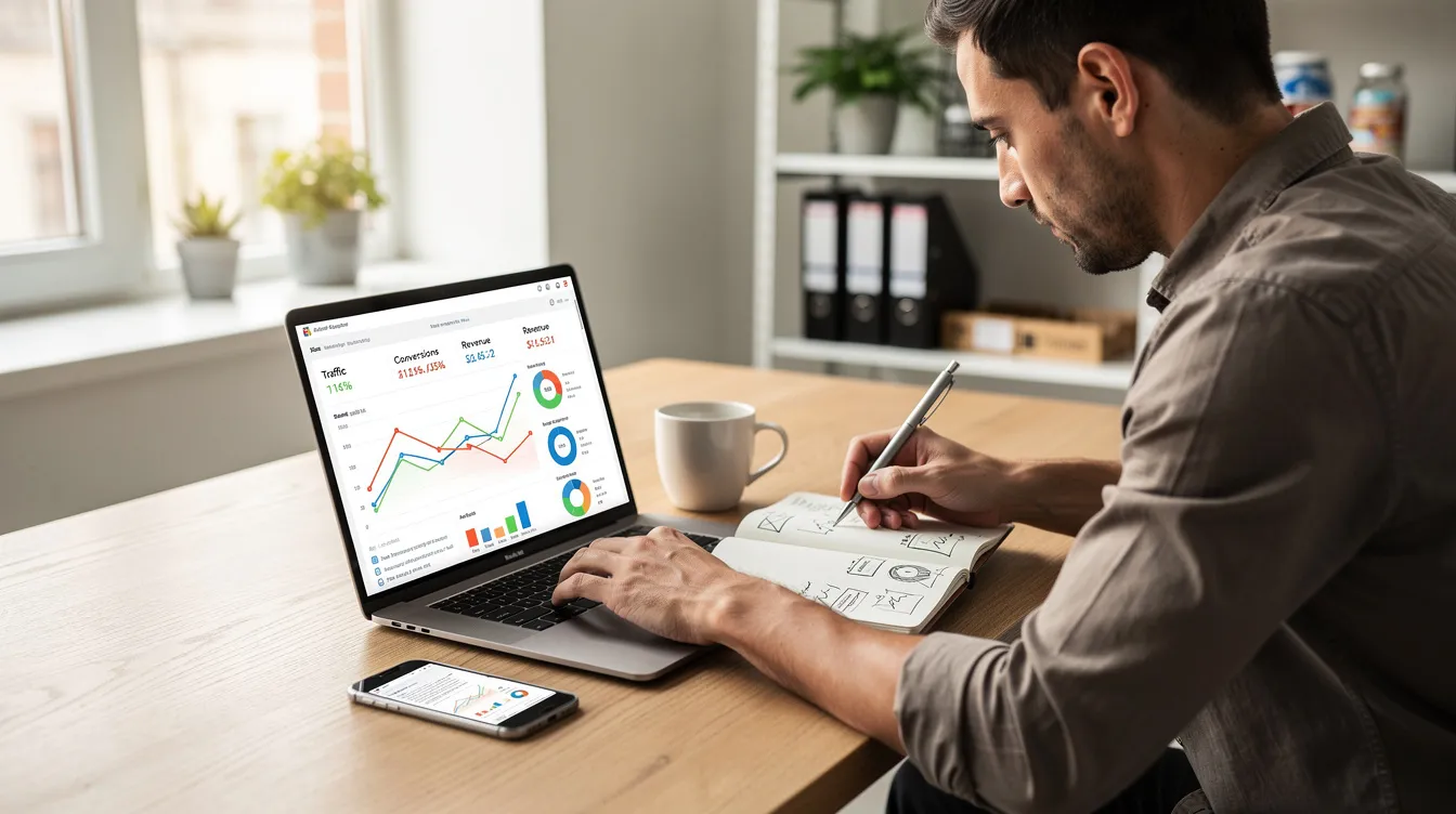 A business owner is seated at a desk, intently reviewing website analytics on a laptop, which displays various digital marketing metrics. This scene illustrates the importance of using digital marketing tools to track performance and optimize strategies for attracting local customers.