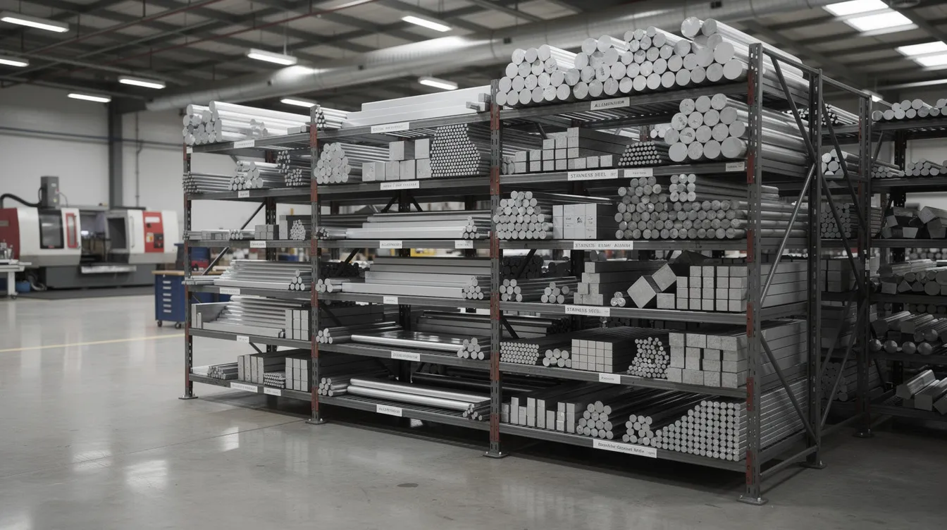 The image depicts neatly organized shelves filled with raw aluminum bar stock and stainless steel rounds in a CNC machining facility warehouse, showcasing a wide material selection essential for producing high precision machined parts. This setup highlights the efficient manufacturing process and technical expertise required for CNC machining services, catering to various industries such as aerospace and automotive.