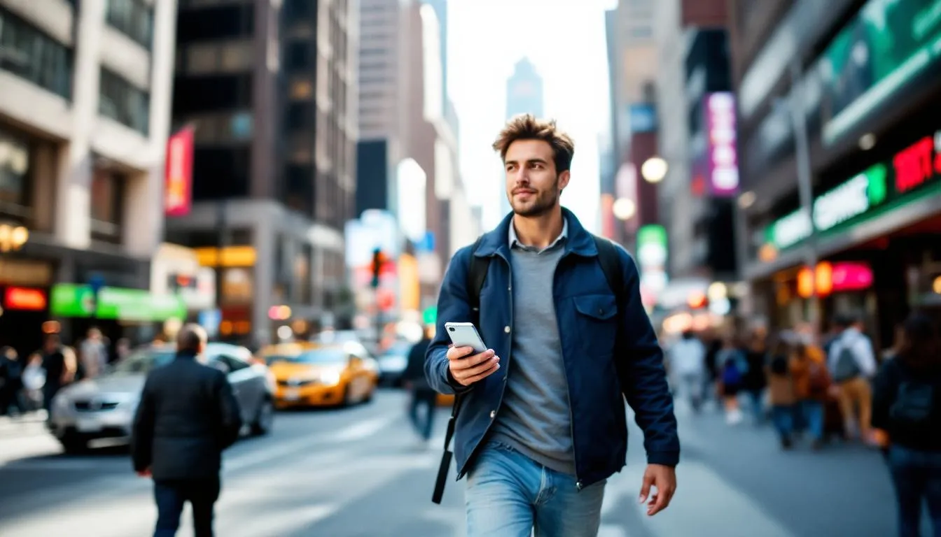 A person is walking in a city while using their smartphone to search for local businesses, highlighting the importance of a strong online presence for small business owners in today's digital world. This scene emphasizes how effective digital marketing strategies can help potential customers find businesses through search engines and social media platforms.
