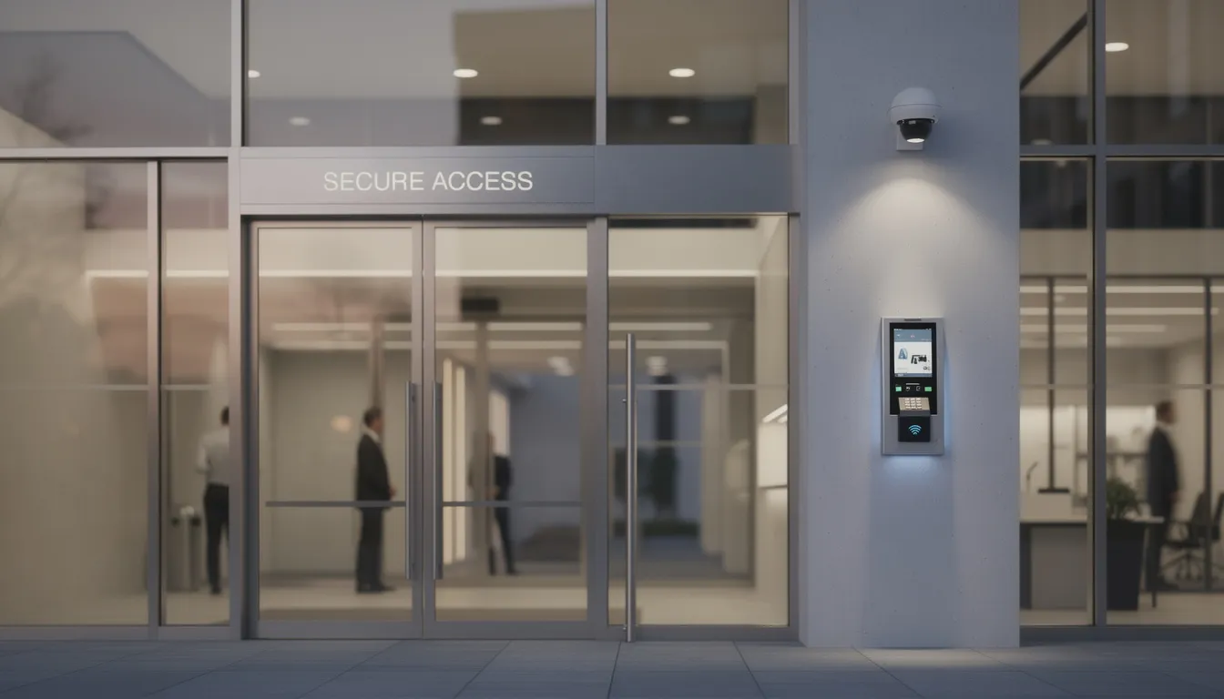 Der Eingang eines modernen Gebäudes ist mit einem fortschrittlichen Zugangskontrollsystem und einer Überwachungskamera ausgestattet, um die Sicherheit zu gewährleisten. Diese Sicherheitsmaßnahmen sind besonders wichtig für Cannabis Social Clubs, die eine sichere Umgebung für ihre Mitglieder bieten möchten.