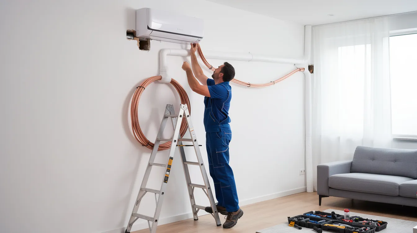 A technician in a blue uniform is installing a wall-mounted split air conditioning unit on a clean white wall in a residential room, with copper piping visible. This installation showcases a reliable aircon option that provides both cooling and heating, ideal for creating a comfortable home environment.