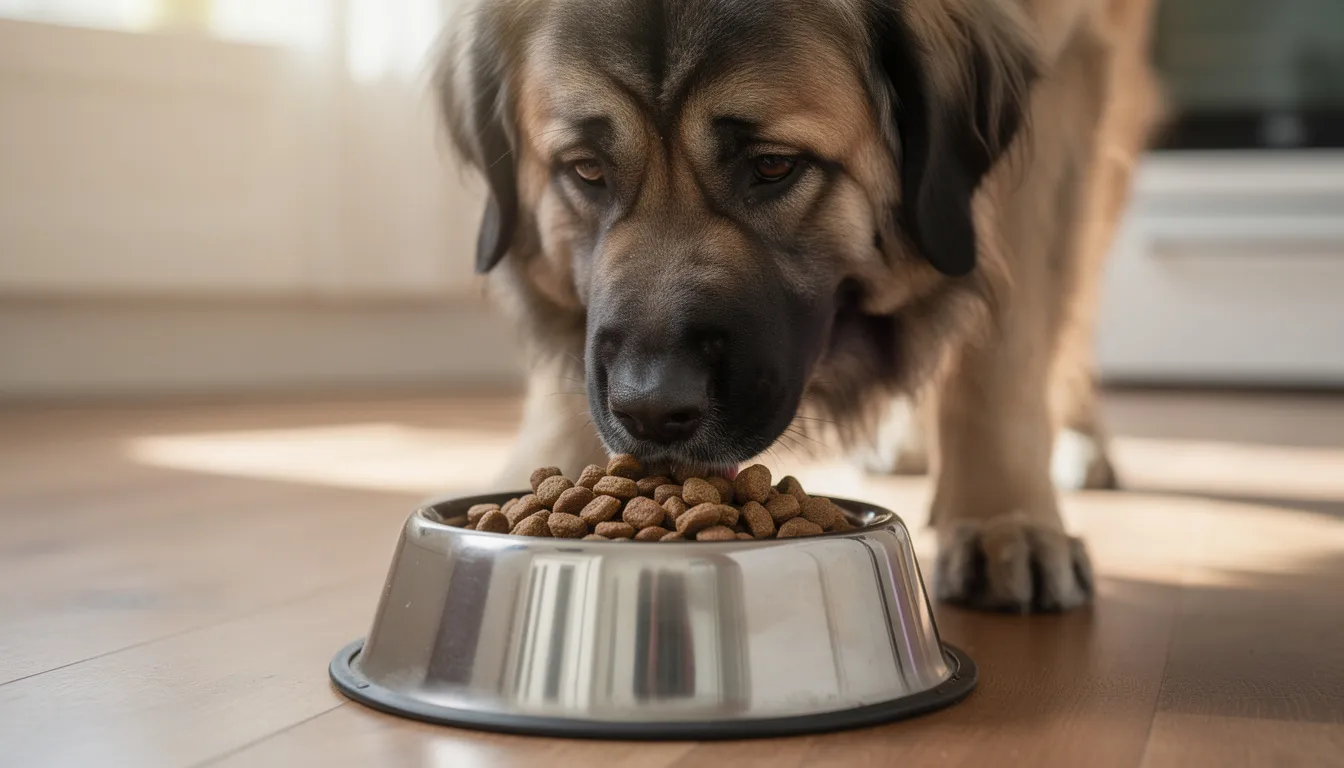 An Estrela Mountain Dog is happily eating high-quality kibble from a dog bowl, showcasing its impressive size and distinctive wolf gray coat. This gentle giant, known for its role as a livestock guardian, displays a calm demeanor while enjoying its meal.