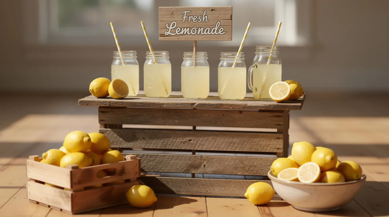 A charming wooden lemonade stand is created from stacked crates topped with a plank, adorned with fresh lemons and jars, showcasing a rustic appeal. The stand features chalkboard menus and bright decorations, making it an eye-catching centerpiece for a delightful lemonade party.