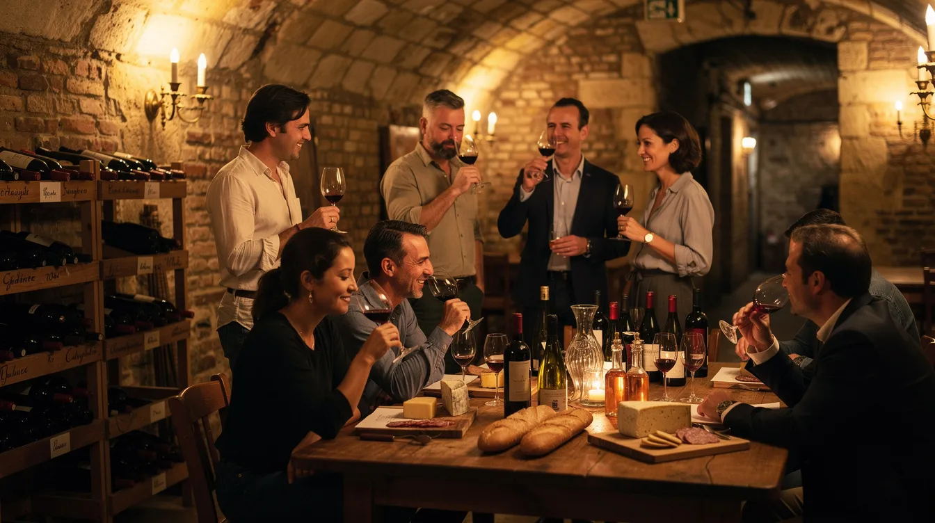 Un groupe de personnes se réunit dans une cave à vin conviviale à Paris pour participer à une dégustation de vins naturels, entouré de bouteilles soigneusement sélectionnées. L'ambiance est chaleureuse, et tout le monde partage ses découvertes et ses goûts autour de cette expérience unique.
