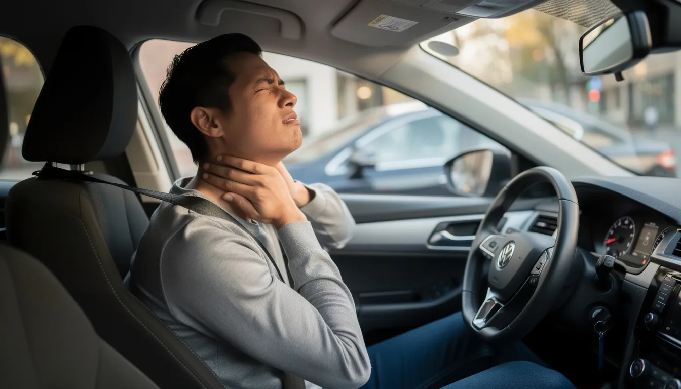 A person is sitting in a car, visibly uncomfortable as they hold the back of their neck, indicating neck pain likely due to a whiplash injury from a recent collision. This scene illustrates the common symptoms of whiplash, such as neck stiffness and discomfort following a motor vehicle accident.