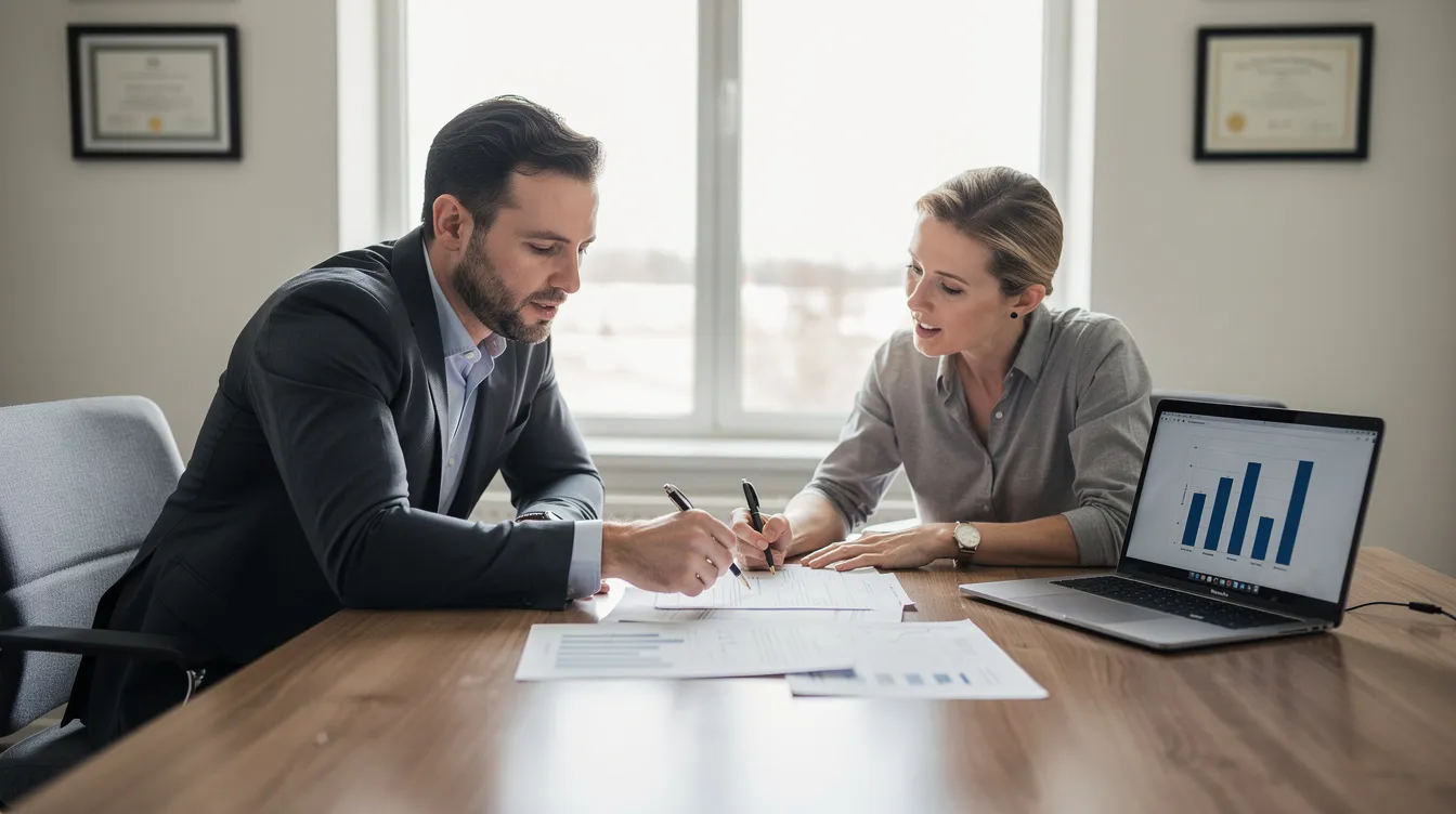 The image depicts a professional advisor engaged in a discussion with a small business owner at a table, reviewing documents related to financial assistance options such as "mudra loans" for "small and micro enterprises." The advisor appears to be explaining details about the "loan application form" and "business plan" necessary for securing a "business loan" from a "bank or financial institution."