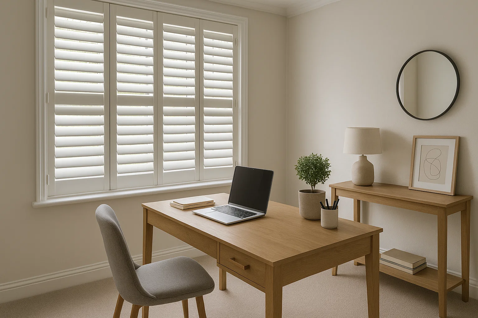 Well-maintained plantation shutters in a UK home office