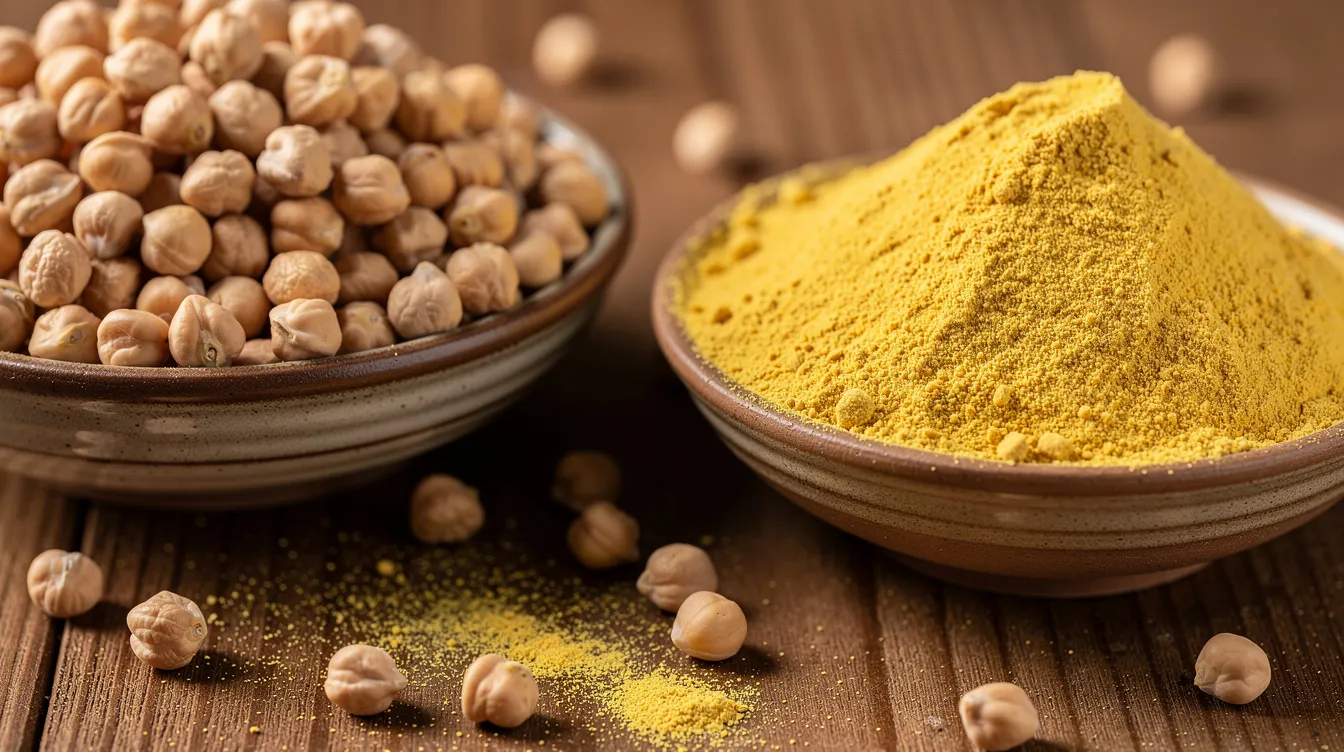 The image features a close-up of raw chickpea grains alongside a bowl of yellow besan powder, both placed on a rustic wooden surface, highlighting the raw materials used in the production of gram flour in a besan plant. This setup reflects the initial stages of the besan making process, showcasing the quality ingredients essential for food processing.