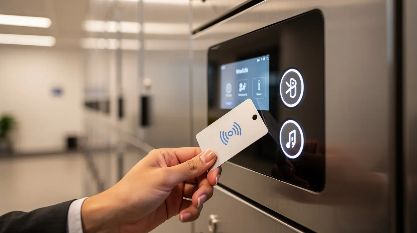 A close-up image shows a person tapping an RFID badge on the touchscreen panel of a smart locker system in a modern office hallway, highlighting the convenience and secure storage solutions provided by electronic lockers for personal belongings. This interaction exemplifies how smart lockers can streamline operations and enhance locker access for authorized users in corporate offices.