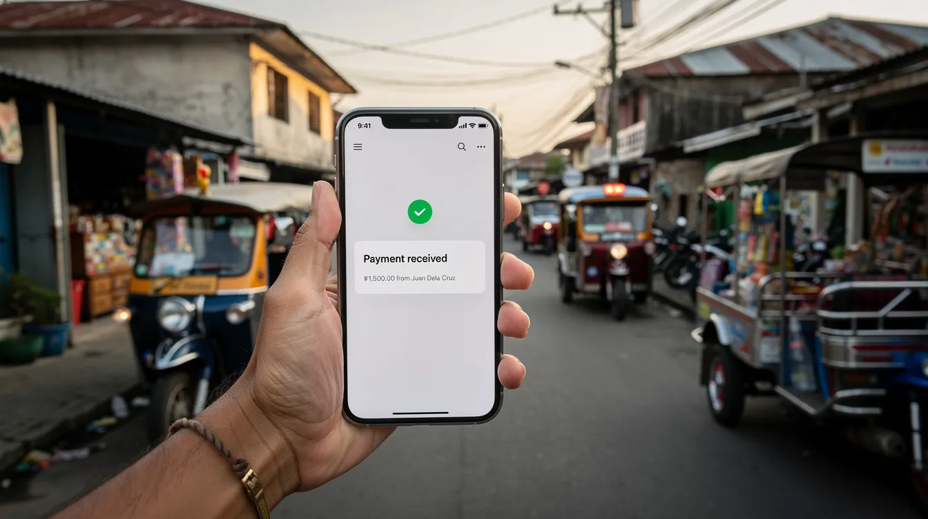 A person is holding a smartphone that displays a mobile payment notification, indicating a successful transaction to send money to a GCash account in a vibrant Filipino neighborhood. The scene highlights the convenience of mobile money, showcasing the ease of transferring funds and receiving money online.