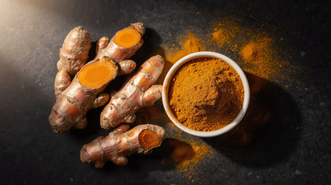 Świeże kłącza kurkumy i sproszkowana kurkuma Curcuma longa