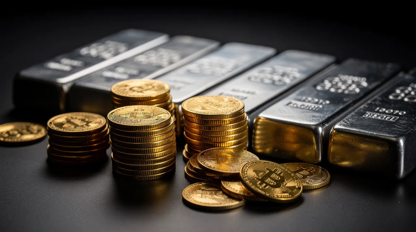 The image features an arrangement of gleaming gold coins and silver bars on a dark surface, showcasing various gold and silver bullion products. This visual representation highlights the appeal of investing in precious metals for retirement savings, such as through a gold IRA or a precious metals IRA account.