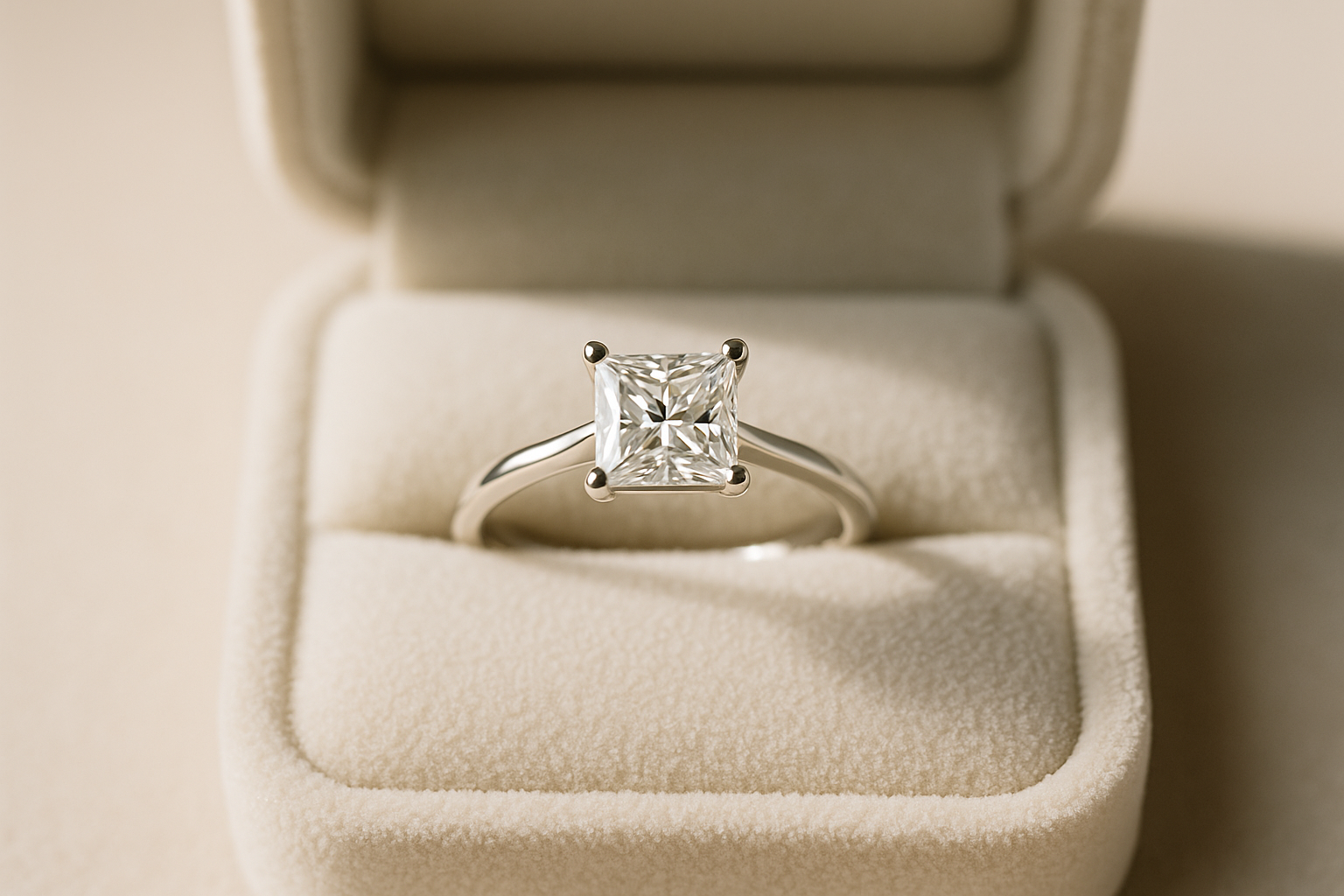 Baltame aukse pagamintas sužadėtuvių žiedas su princesės pjūvio deimantu, keturių laikiklių tvirtinime, atidarytoje prabangioje aksominėje dėžutėje