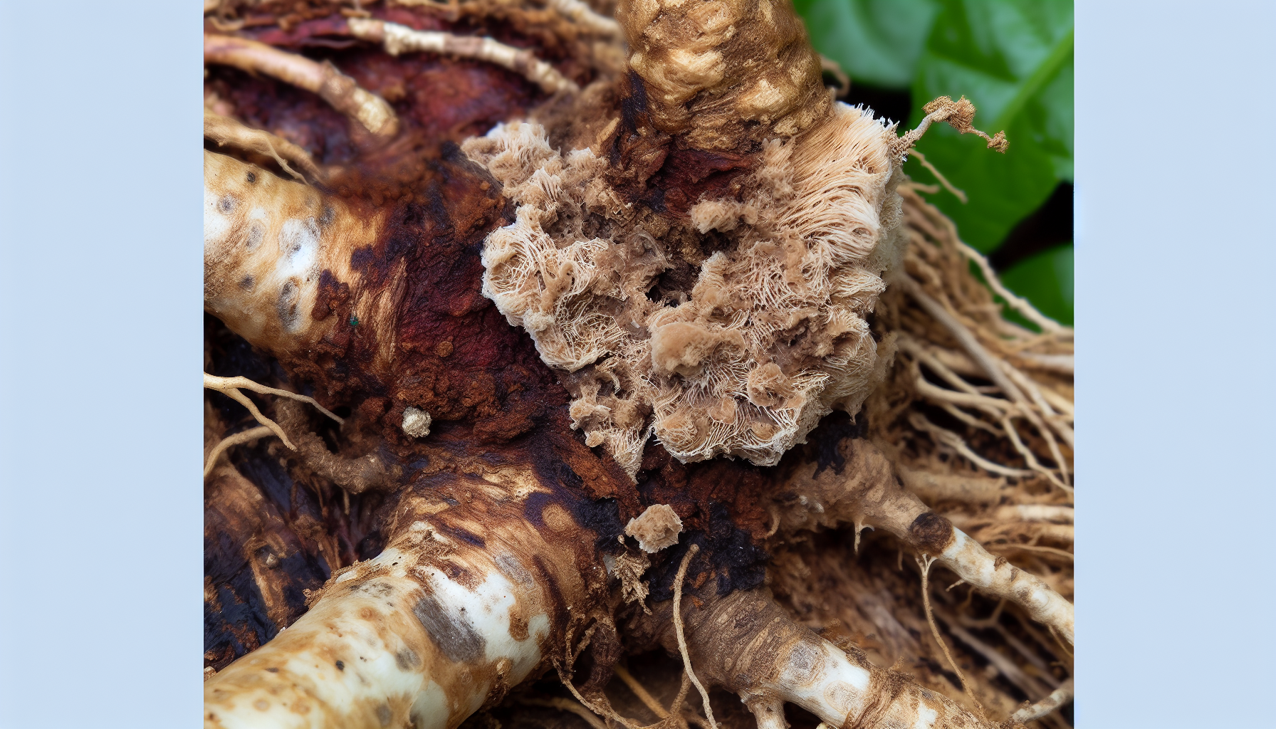 Close-up of tree roots showing fungal growth