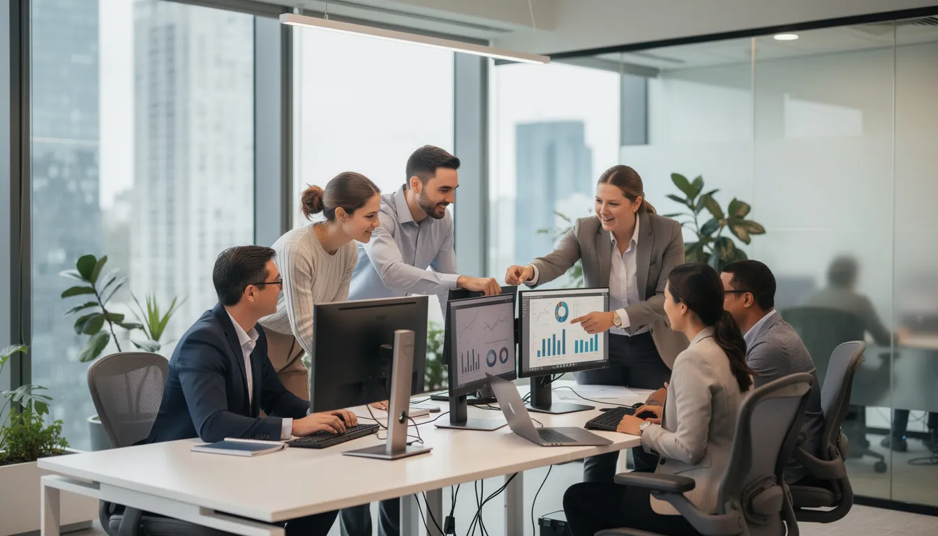 The image depicts a professional team collaborating around computer workstations in a modern office, showcasing a creative process where legal teams utilize powerful animations and trial graphics to enhance their case presentations. This collaborative environment emphasizes the importance of clear communication and the use of visual aids in legal strategy, aiming to effectively convey the client's story to decision makers.