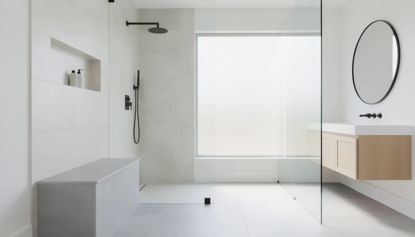 This image features a modern curbless walk-in shower, designed for enhanced accessibility, with a sleek glass panel and a built-in bench in a bright and spacious bathroom. The clean lines and stylish details create a luxurious modern oasis, perfect for Calgary homeowners seeking innovative walk-in shower ideas.