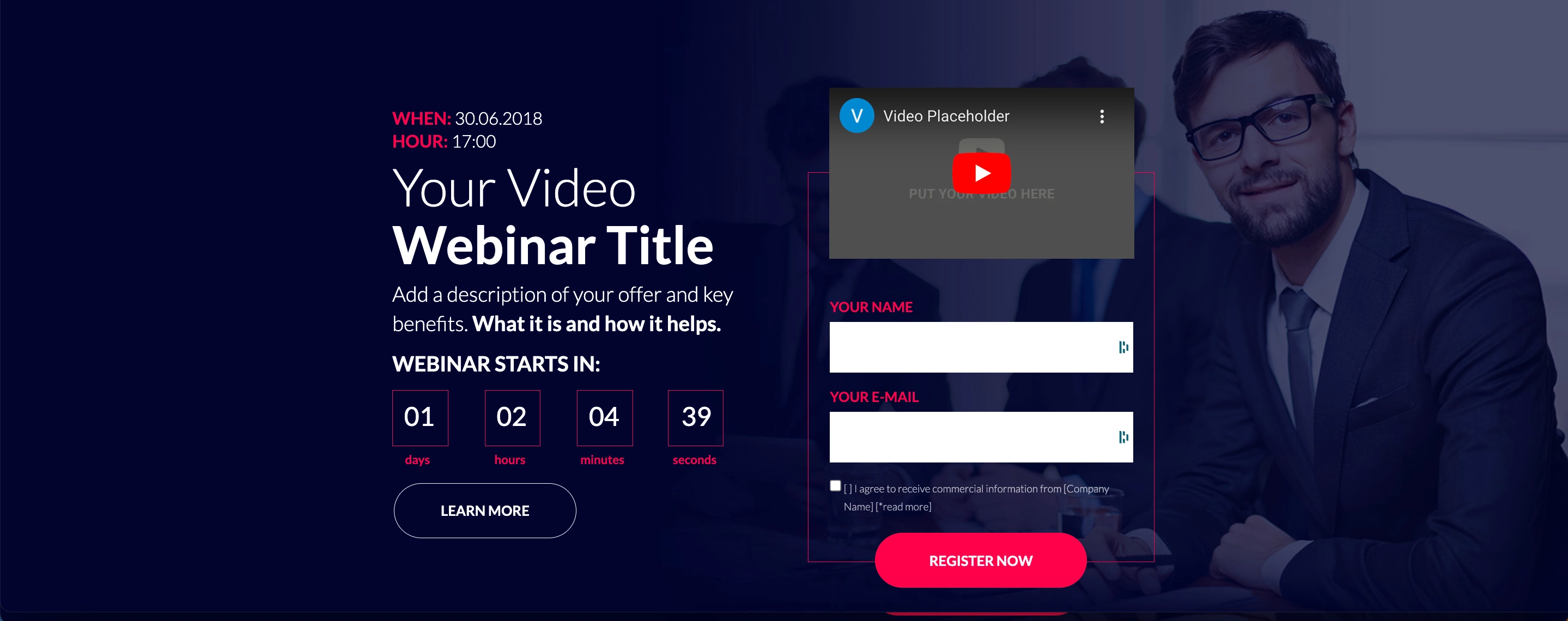 Landing page for webinars and educational videos