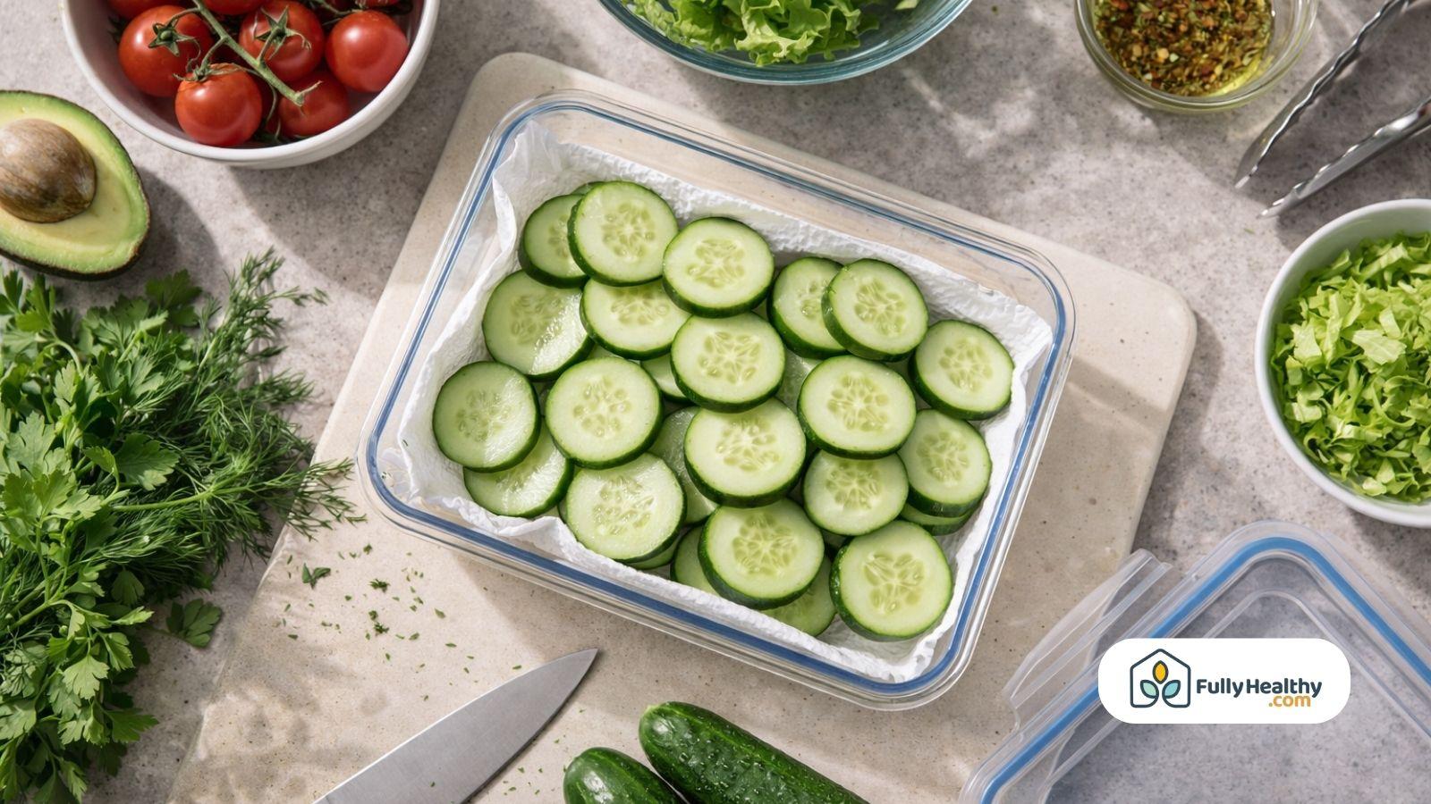 Sliced cucumbers stored in airtight container with paper towel and vegetables
