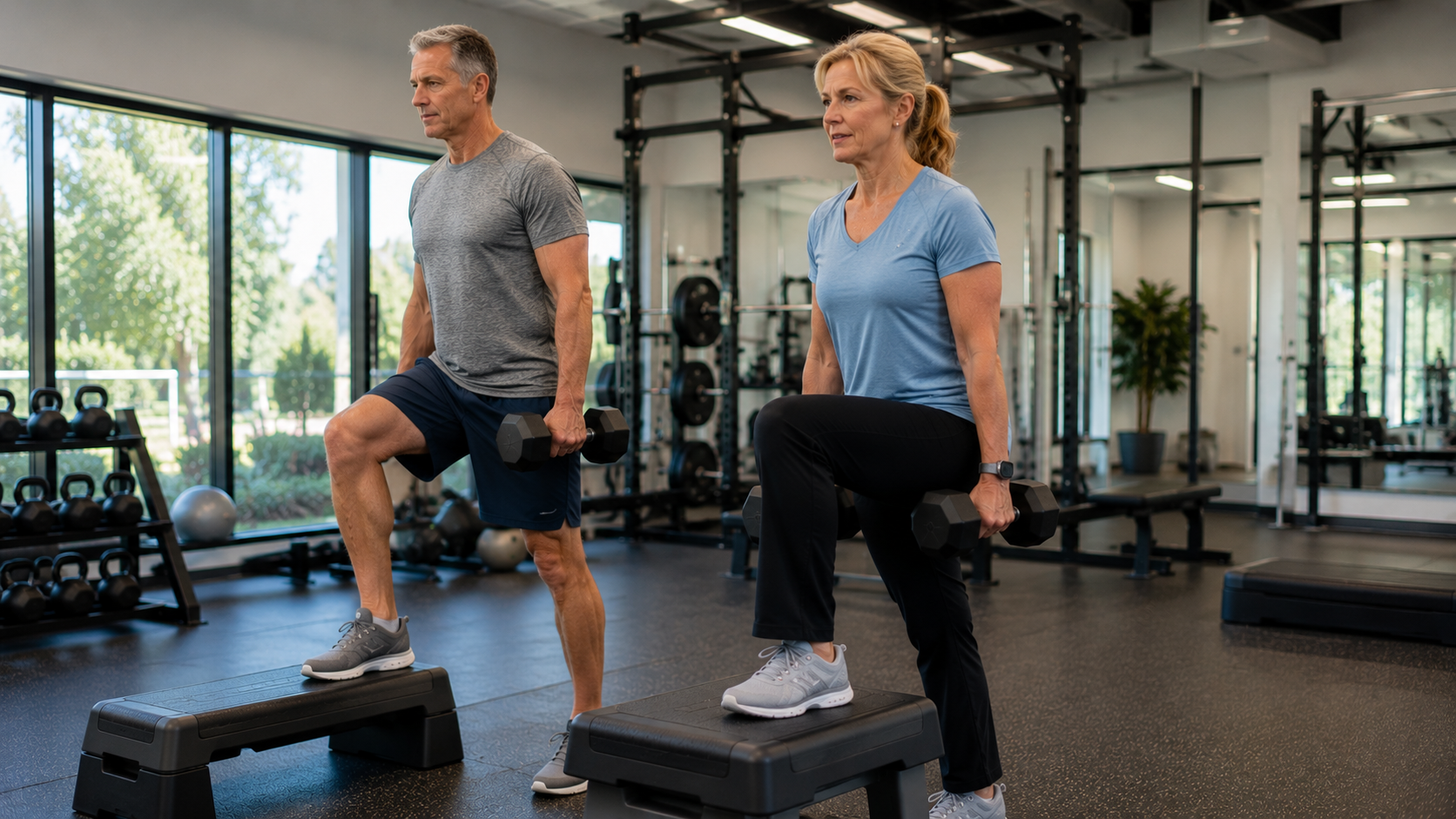 Active older adults performing lower-body strength exercises during a fitness session focused on healthy aging and mobility