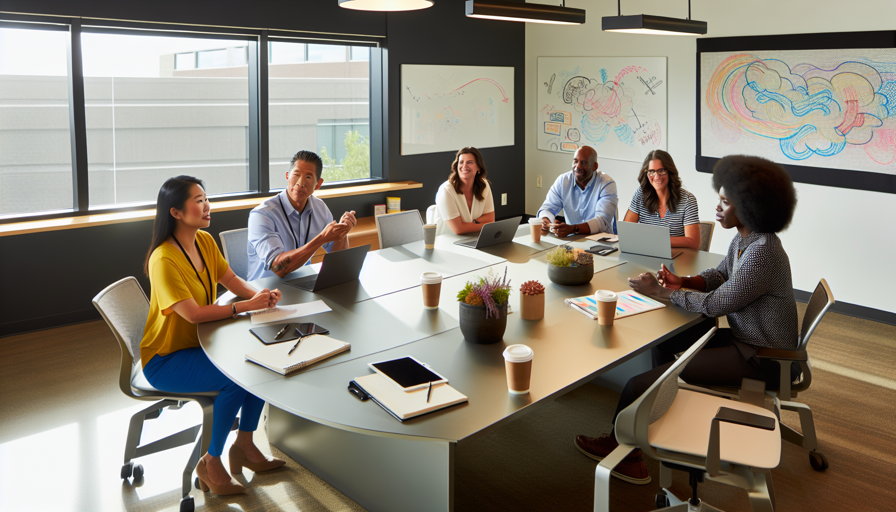 Diverse group of employees collaborating in a modern office setting