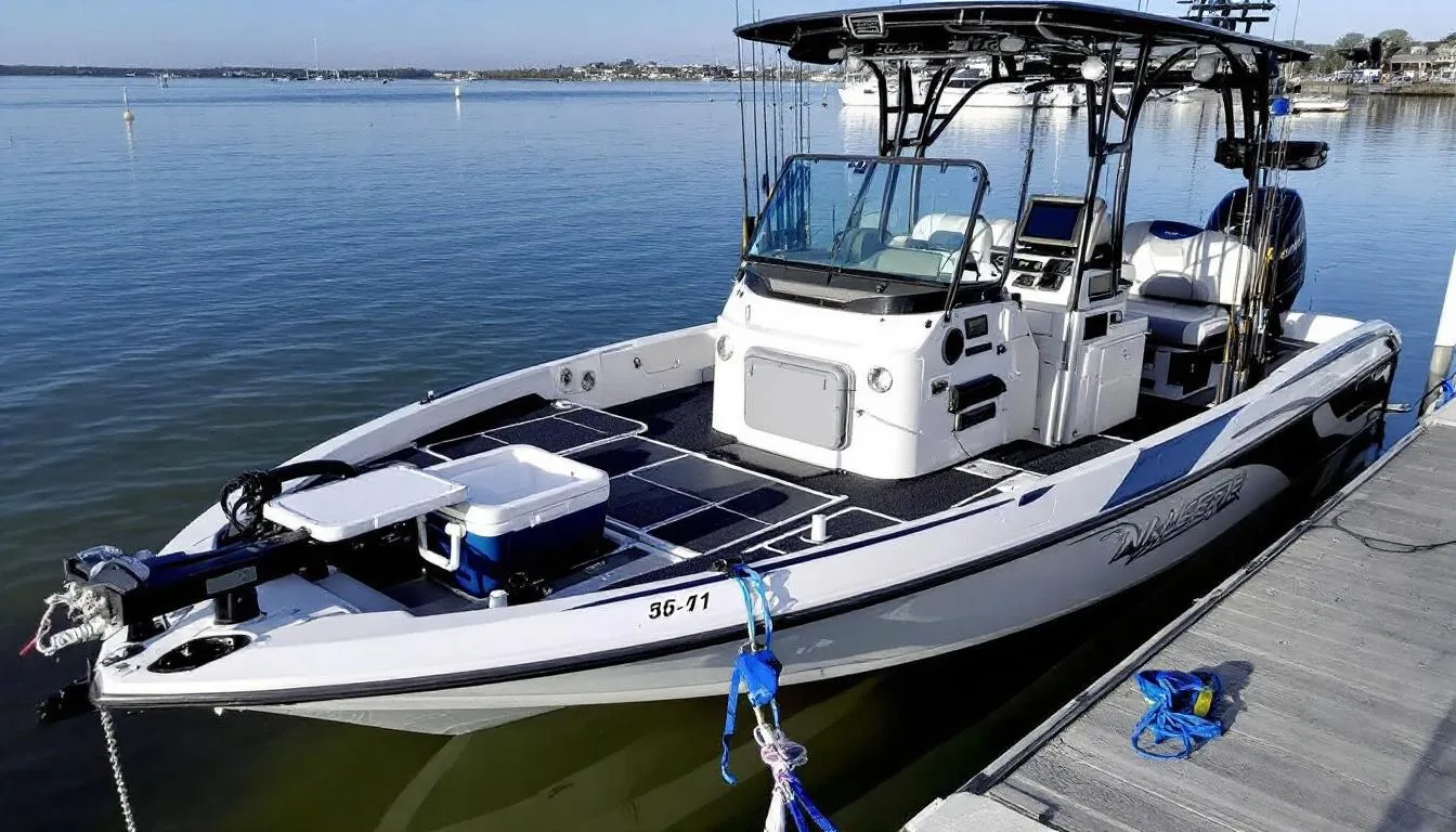 The image features a sleek professional bass fishing boat equipped with high-end electronics and fishing gear, perfect for serious anglers. This vessel represents a significant investment for boaters looking to enhance their fishing experience on lakes, highlighting the importance of boat insurance for adequate protection and coverage.