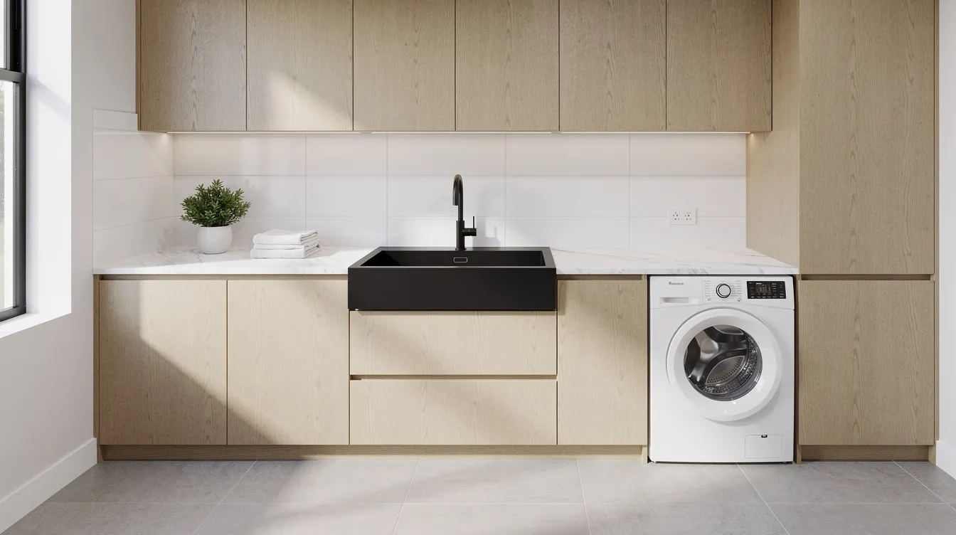 The image depicts a modern laundry room featuring a deep black composite utility sink installed in stylish light wood cabinetry, showcasing a blend of functionality and contemporary design. The space is designed for convenience, making it an ideal addition to any home laundry setup.