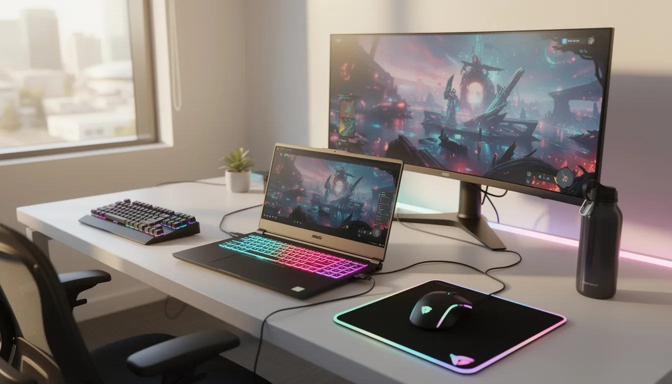 The image depicts a modern gaming laptop setup featuring vibrant RGB lighting and an external monitor, situated in a stylish Australian office environment. This setup showcases cutting-edge technology ideal for gamers and professionals alike, emphasizing the benefits of gaming computer rentals for demanding tasks.