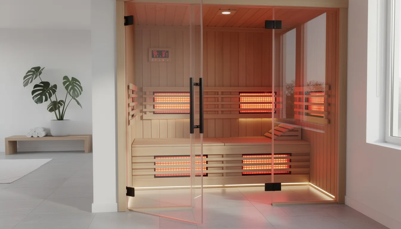 A modern wood-paneled infrared sauna features glowing red light panels, creating a warm and inviting atmosphere in a clean home wellness space. This sauna is designed for infrared sauna therapy, promoting hormonal health and skin rejuvenation while offering relaxation benefits through infrared heat.