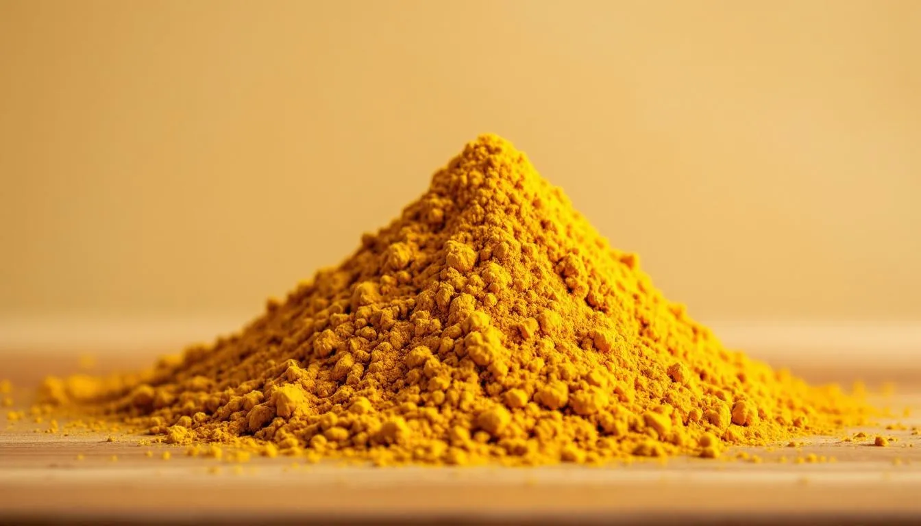 A close-up image of bright yellow turmeric powder, commonly used in cooking and dietary supplements, highlighting its vibrant color and fine texture. The image emphasizes the potential health benefits of turmeric, including its anti-inflammatory properties and use in ayurvedic medicine.