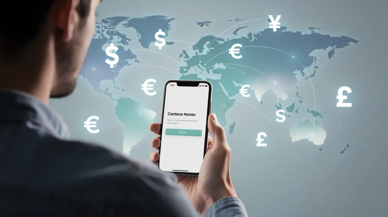 A person is holding a smartphone displaying a world map with various currency symbols in the background, symbolizing international money transfers. This image highlights the convenience of using an online banking platform for sending money across borders efficiently and securely.
