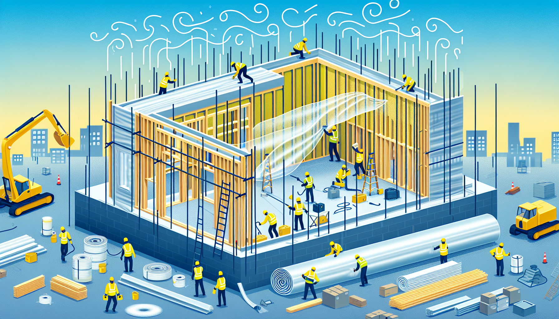 Illustration of a new construction site with air sealing process