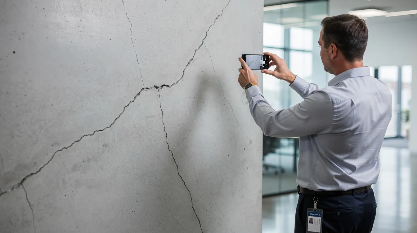 A person stands in front of a commercial building, using a smartphone to document visible cracks in the wall, highlighting potential issues related to structural integrity. This image reflects the due diligence necessary in construction projects, especially when assessing property damage that may lead to claims of professional negligence against architects and engineers.